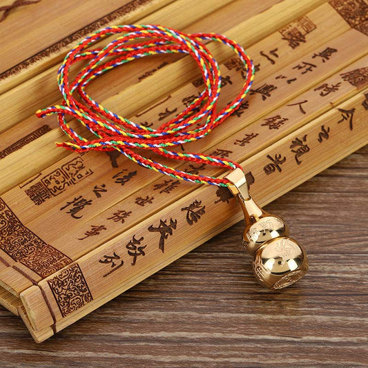 Tibetan Yin Yang Gourd Necklace - Gold gourd pendant on bamboo scroll with colorful cord, cultural pendant