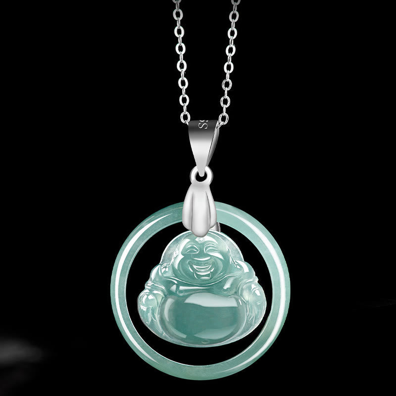 Jade Round Laughing Buddha Abundance Necklace – Polished round disc shape, unisex spiritual necklace