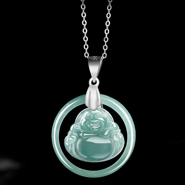 Jade Round Laughing Buddha Abundance Necklace – Polished round disc shape, unisex spiritual necklace