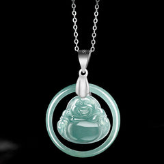 Jade Round Laughing Buddha Abundance Necklace – Polished round disc shape, unisex spiritual necklace