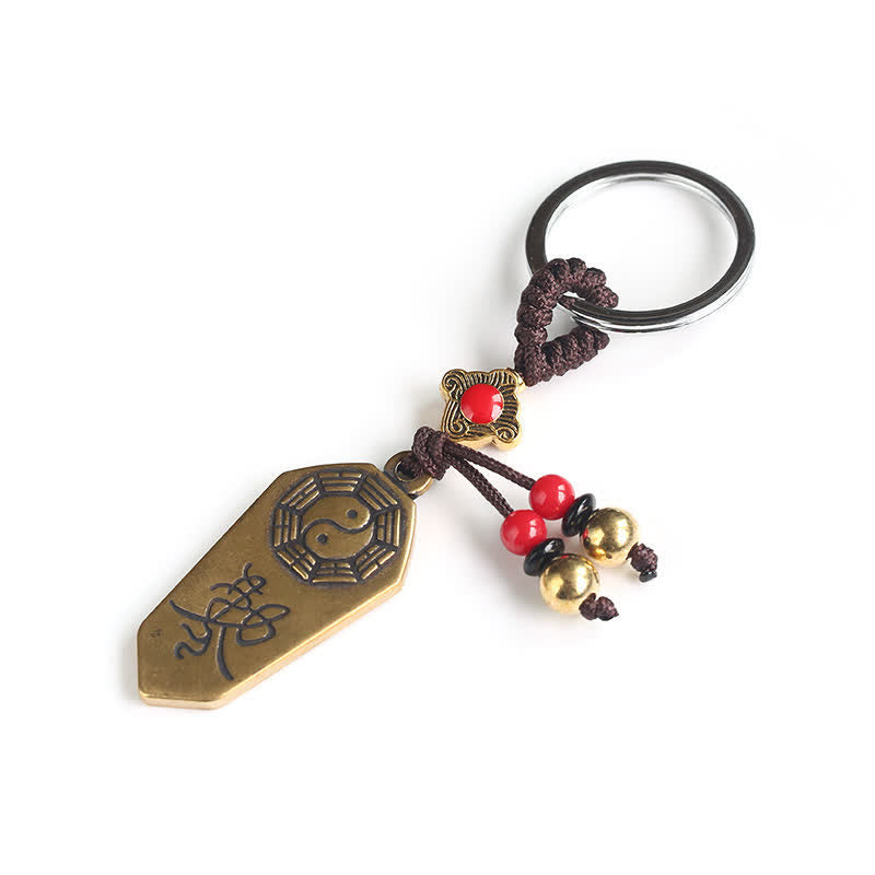 Feng Shui Bagua & Yin Yang Copper Keychain - Full keychain with mixed beads on white bg, copper amulet