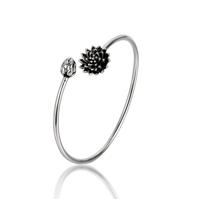 White Copper Lotus Enlightenment Bangle - single cuff on white, lotus terminals, clarity