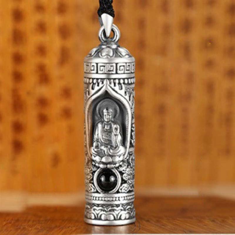 Chinese Zodiac Natal Buddha Projection Necklace – Amitabha Buddha front view with raised hand, cylindrical amulet, divine light