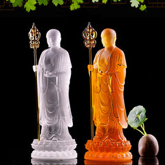Ksitigarbha Liuli Crystal Figurine – Earth guardian deity in amber glass, Buddhist home shrine