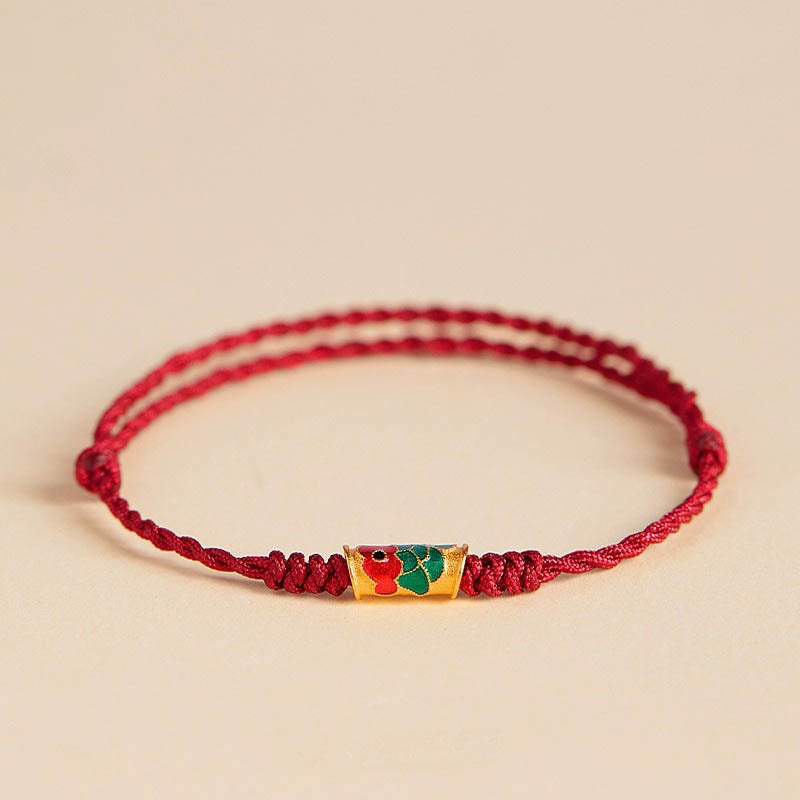 Koi Fish Wealth Bracelet – Koi fish red rope bracelet on display stand, Chinese jewelry