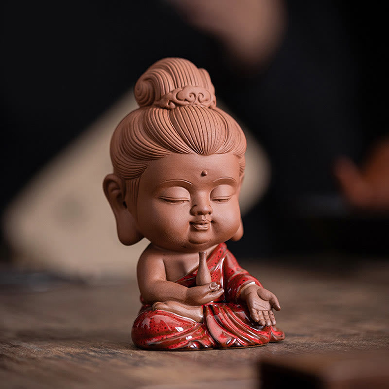 Gautama Kwan Yin Ceramic Set – Ksitigarbha flame halo behind head, enlightenment aura effect