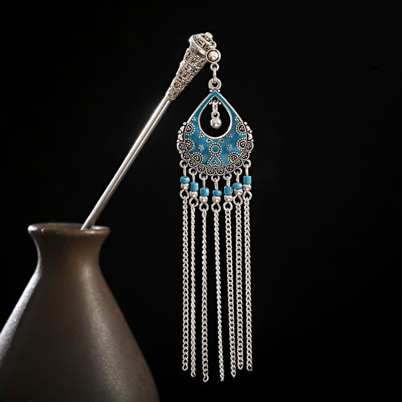 Water Drop-Blue teardrop blue enamel with blue beads and chains