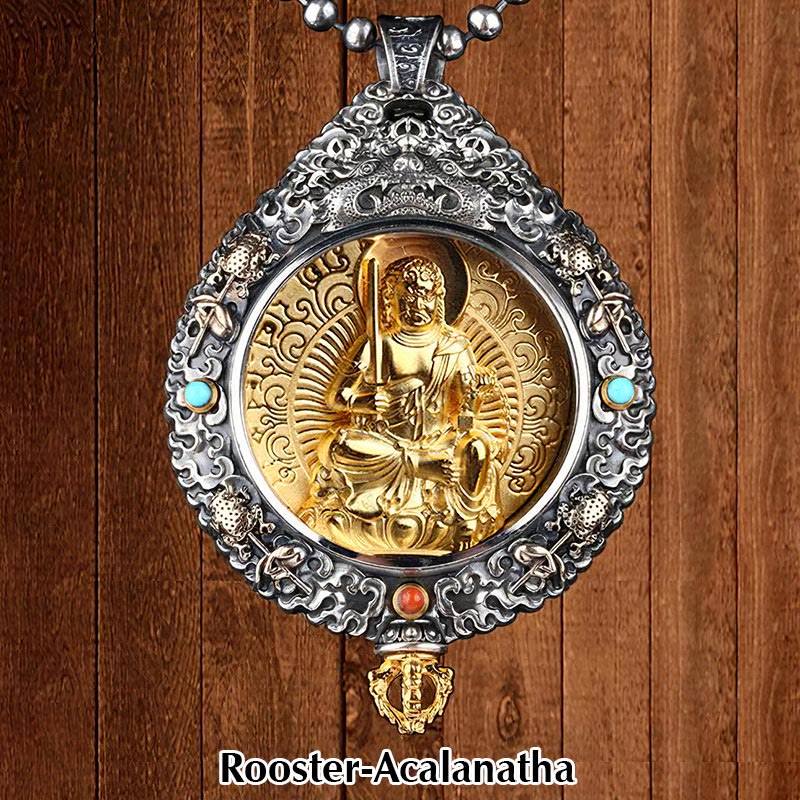 Zodiac Buddha Thangka Wealth Rotatable Pendant – Rooster Acalanatha front view on wooden panel, strength