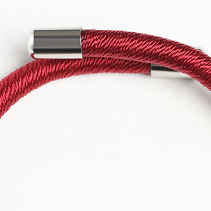 Om Mani Padme Hum Red Bracelet – Close-up of silver magnetic clasp on double red cord, adjustable wrist bracelet