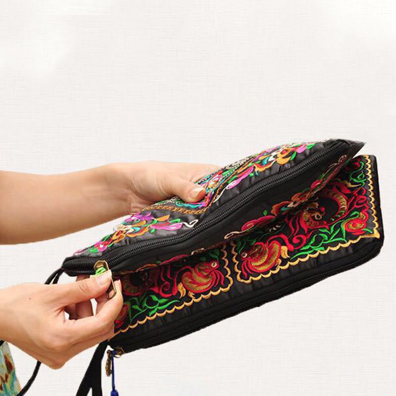 Dragon Butterfly Embroidery Wallet - Open dual-zipper showing interior and quilted texture, Functional