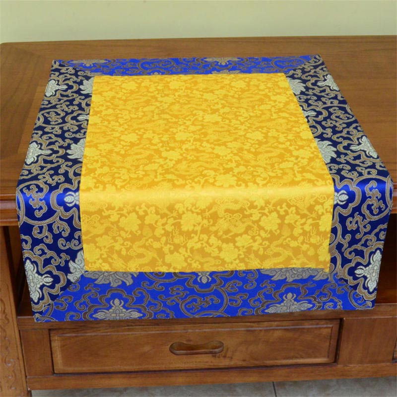 Dragon Vajra Altar Table Runner – Gold center blue border brocade on cabinet, imperial