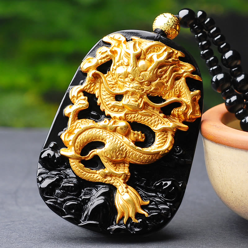 18K Gold Dragon Obsidian Lucky Pendant Necklace – Gold dragon relief on glossy obsidian plaque, beaded necklace, auspicious