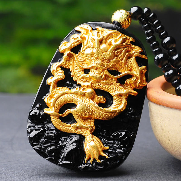 18K Gold Dragon Obsidian Lucky Pendant Necklace – Gold dragon relief on glossy obsidian plaque, beaded necklace, auspicious