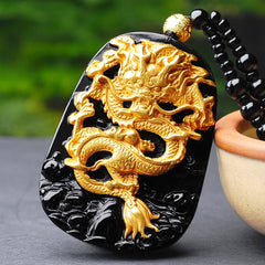 18K Gold Dragon Obsidian Lucky Pendant Necklace – Gold dragon relief on glossy obsidian plaque, beaded necklace, auspicious
