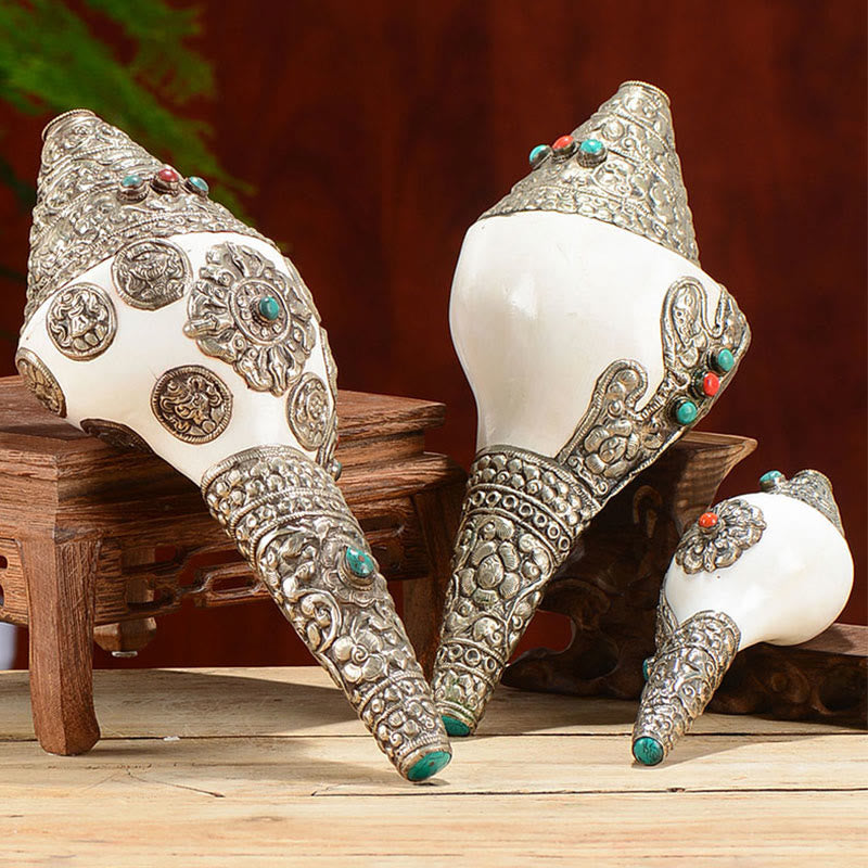 Tibetan Shankha Conch Shell Decoration – Three silver-mounted conch shells with turquoise coral inlays, ceremonial set, Sacred