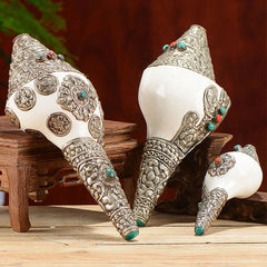 Tibetan Shankha Conch Shell Decoration – Three silver-mounted conch shells with turquoise coral inlays, ceremonial set, Sacred