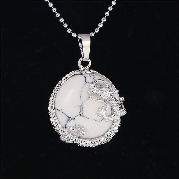 Dragon Multi-Stone Crystal Healing Pendant – White howlite dragon with black web veining, balanced
