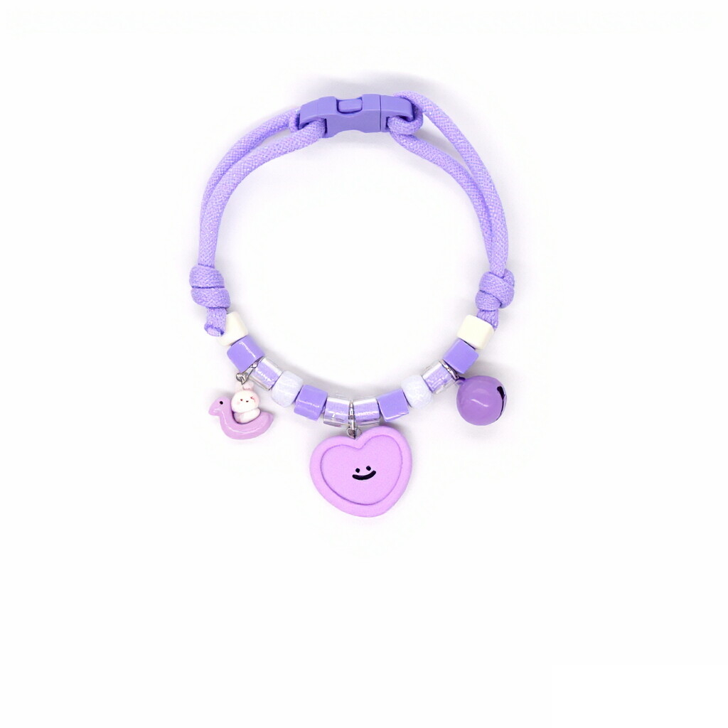 Cat Collar – Purple braided rope with smiley heart, duck & purple bell, cute adjustable pet collar