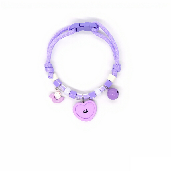 Cat Collar – Purple braided rope with smiley heart, duck & purple bell, cute adjustable pet collar