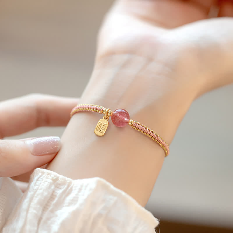 Red Agate Jade Lotus Bracelet – dusty rose gold cord with green barrel bead and pink quartz beads, circular Fu charm