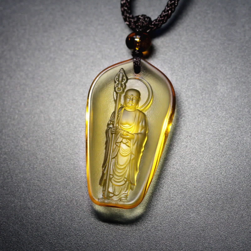 Ksitigarbha Buddha Liuli Crystal Necklace - Yellow standing deity with staff halo, rounded crystal pendant