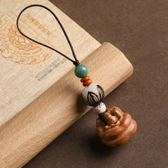 Peach wood Feng Shui phone charm with fine cord, carved persimmon and star-moon bodhi bead