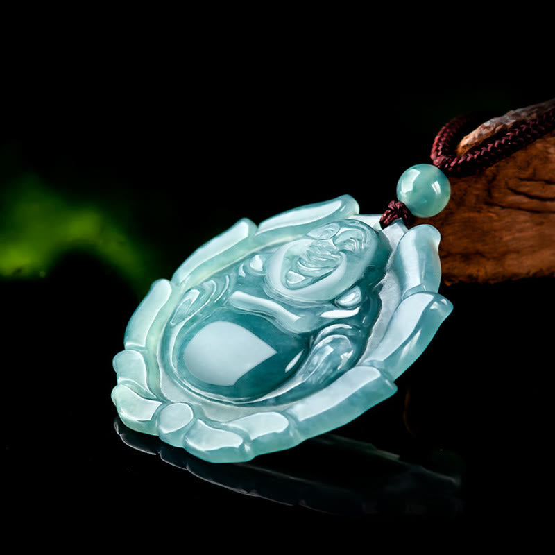 Natural Jade Laughing Buddha Lotus Luck Necklace Pendant – model wearing at collarbone, elegant luck charm jewelry