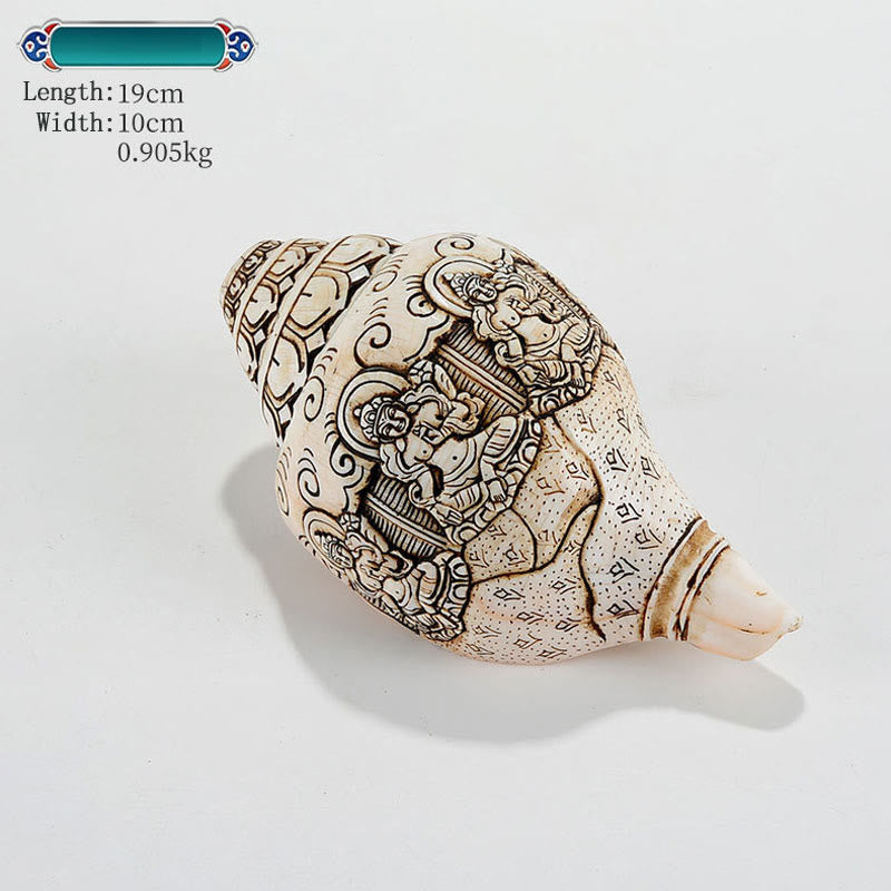 Engraved Shankha Wealth Conch – shelf arrangement with copper vase and scroll, Asian fusion home style
