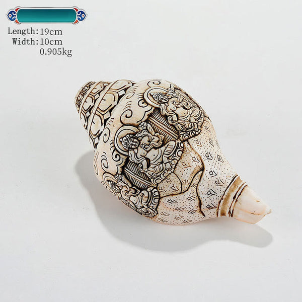 Engraved Shankha Wealth Conch – shelf arrangement with copper vase and scroll, Asian fusion home style