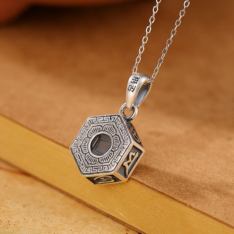 990 Sterling Silver Pendant – Top-down view of hexagonal necklace with Bagua patterns and bail detail