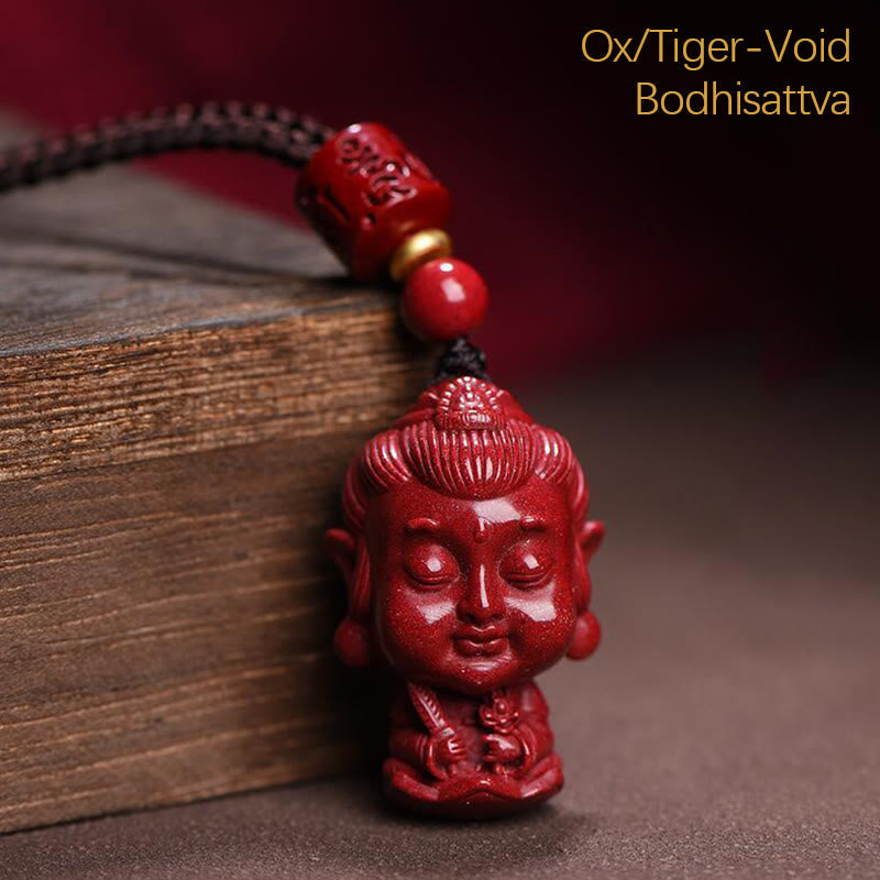 Chinese Zodiac Cinnabar Pendant – Ox and Tiger zodiac guardian Bodhisattva carving, natal Buddha amulet
