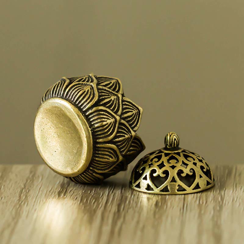 Tibetan Lotus Copper Incense Burner – Separated dome lid and lotus bowl, antique brass finish