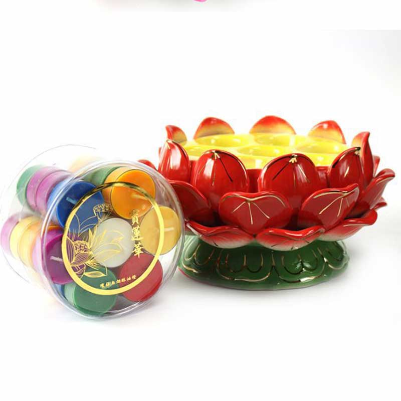 Lotus Candle Holder – Red lotus with colorful tealights and Bao Lian Hua candle set, devotion