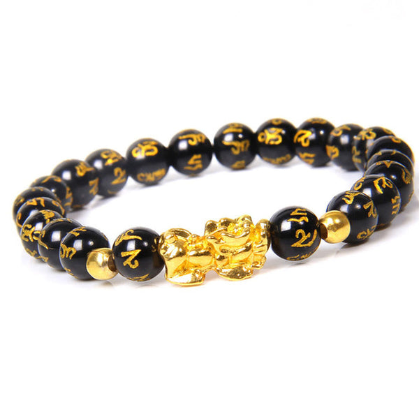 FengShui Obsidian Red Agate Tiger Eye PiXiu Wealth Bracelet – black obsidian beads with gold mantra engraving and pi xiu, feng shui wealth