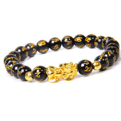 FengShui Obsidian Red Agate Tiger Eye PiXiu Wealth Bracelet – black obsidian beads with gold mantra engraving and pi xiu, feng shui wealth