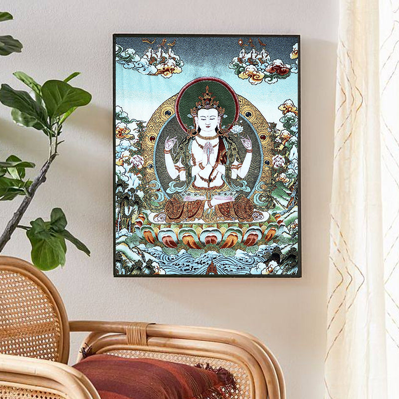 Tibetan Embroidery White Tara Thangka Tapestry – peony borders flame mandorla teal ground, sacred weave