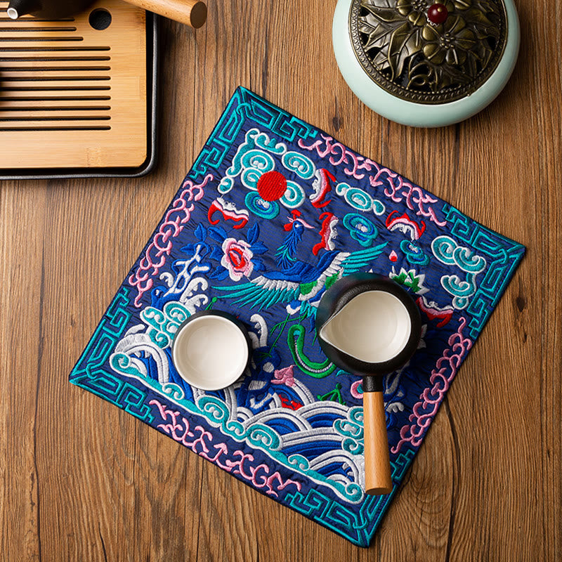 Phoenix Dragon Kirin Embroidery Tea Cup Mat - Navy phoenix with tea set and incense burner, Tea Ceremony