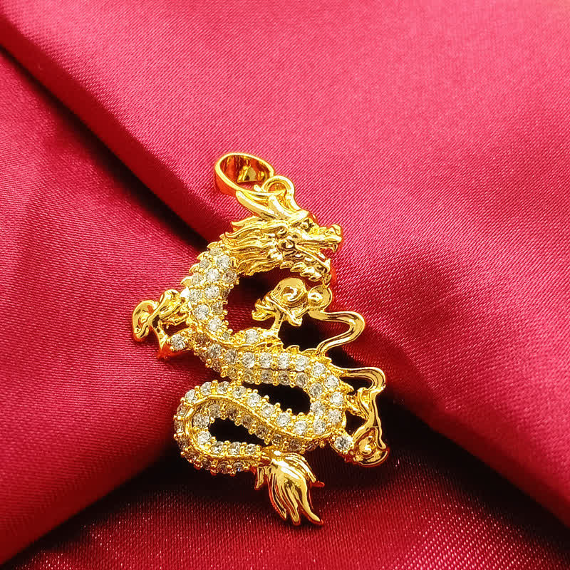 Gold Dragon Protection Necklace – Dragon grasping pearl on red fabric, sparkling CZ body, Wisdom