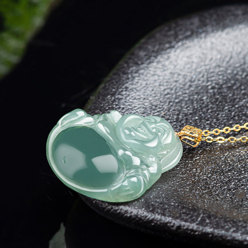 Laughing Buddha Jade Prosperity Necklace 18K Gold Abundance Pendant – apple green yellow gold, vibrant abundance jewelry
