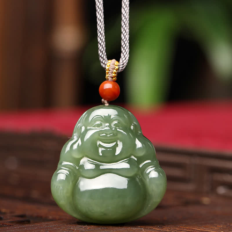 Hetian Jade Laughing Buddha Abundance String Necklace Pendant – white jade Buddha red cord front, traditional Chinese amulet
