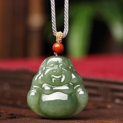 Hetian Jade Laughing Buddha Abundance String Necklace Pendant – white jade Buddha red cord front, traditional Chinese amulet