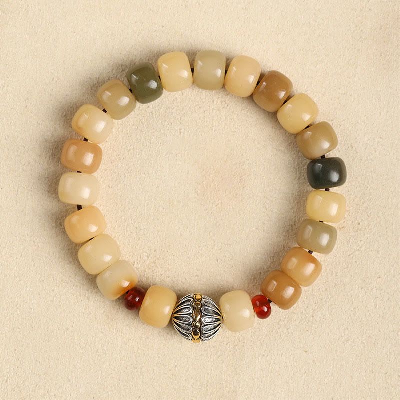 Natural Bodhi Seed Om Mani Padme Hum Wisdom Bracelet - Sage green beads, oxidized silver