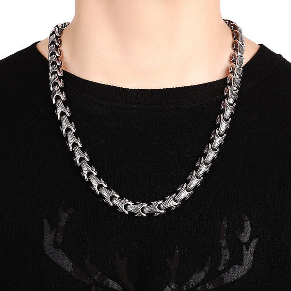Dragon Necklace Bracelet Set - Thick silver scale chain on black sweater, Strength