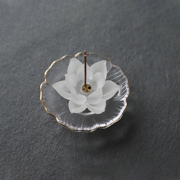 Lotus Liuli Incense Burner – glowing ember on clear glass base, Calming