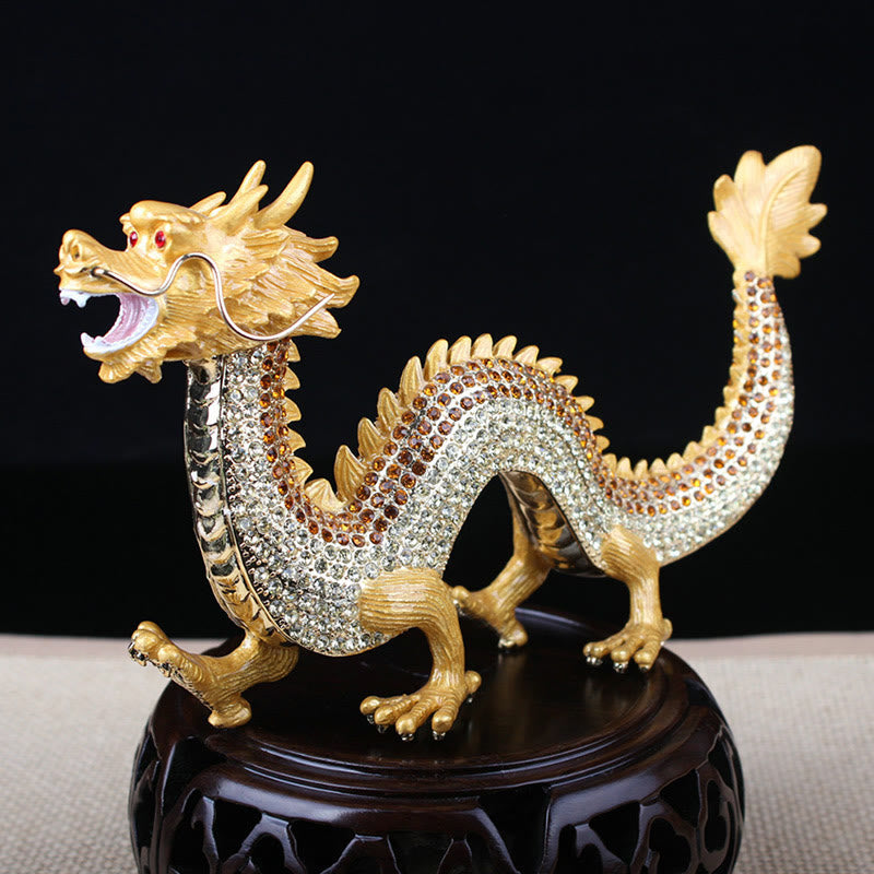 Handmade Feng Shui Dragon Decoration – Gold crystal-encrusted dragon on carved wooden pedestal, dynamic S-curve pose, Luxury