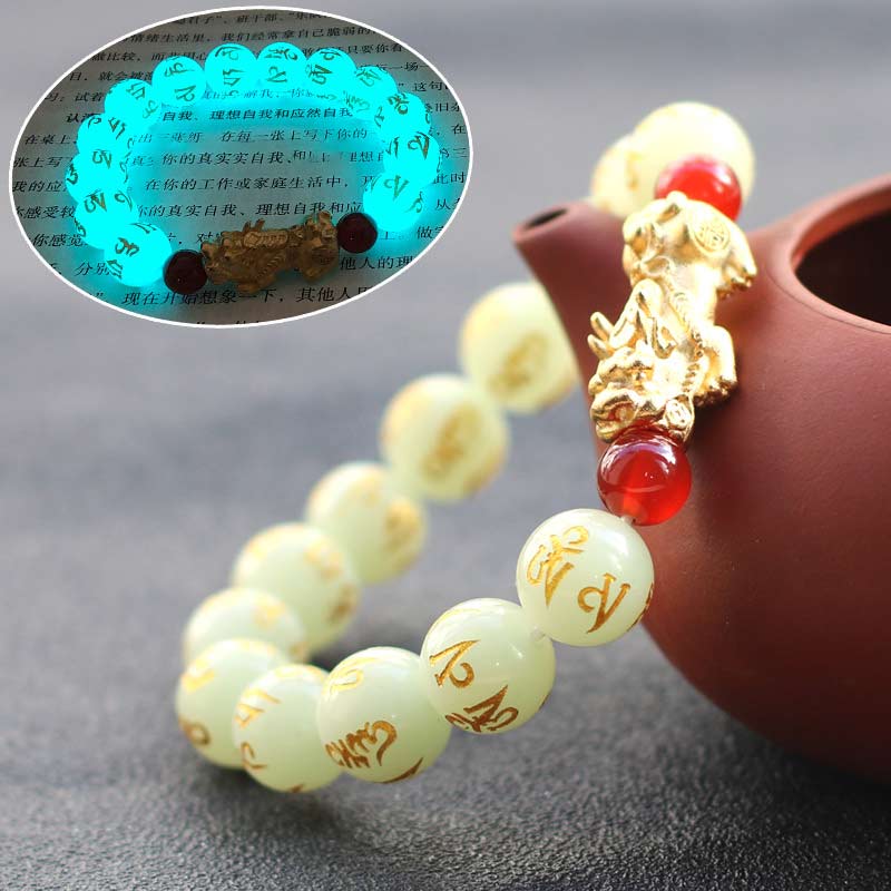 Glowstone Red Agate PiXiu Wealth Bracelet – Glowing beads with gold PiXiu charm on teapot, feng shui luck