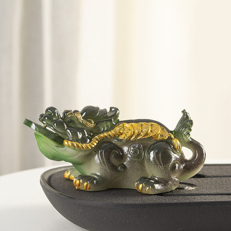 PiXiu Coin Tea Pet – Dark green PiXiu on black tea tray with white curtain, zen figurine