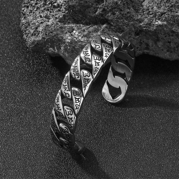 Tibetan Om Mani Padme Hum Cuff Bangle – styled on volcanic rock, cuban link chain with Sanskrit engraving, silver cuff