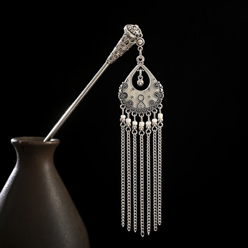 Water Drop teardrop filigree with white beads and chain tassels