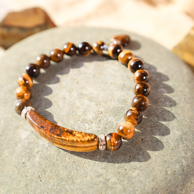 Natural Multi-Stone Love Heart Healing Bracelet - Tiger eye bracelet showing golden honey-brown chatoyant banding, curved bar centerpiece, and silver spacers
